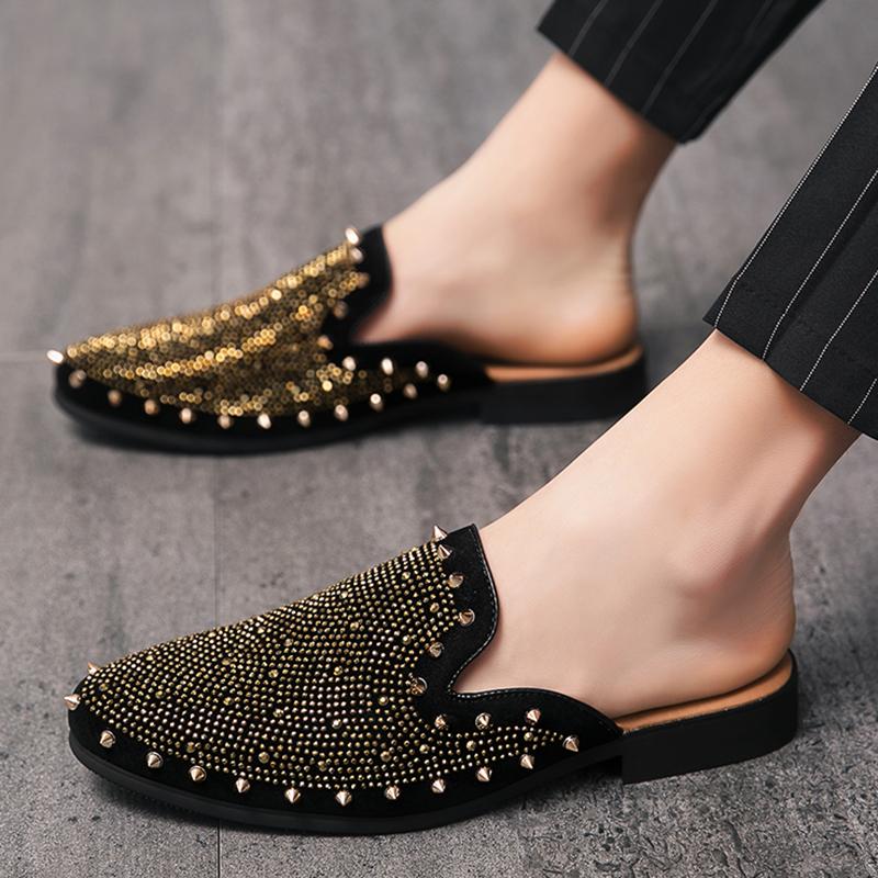 Luxury Trend Men Half Slippers Rock Punk Rivet Rhinestones Shoes Male Casual Mules Moccasins Breathable Loafers Zapatos Hombre
