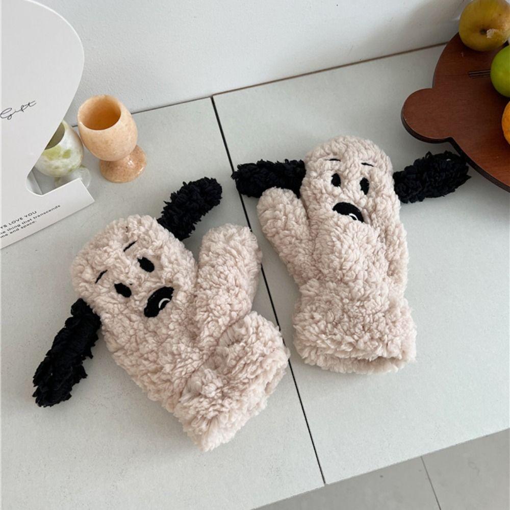 

Мультяшные перчатки с закрытыми пальцами, утолщенные зимние перчатки, мягкие плюшевые варежки с собачкой, для девочки бежевый