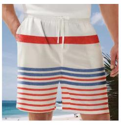 Men's beach shorts, elastic rope design, flag print, comfortable and soft shirt, summer