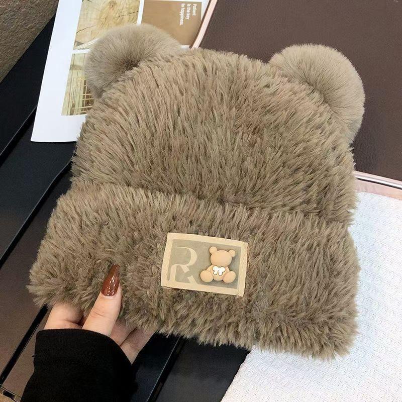 Cute bear wool hat women's winter plush warm fluffy autumn and winter big head circumference knitted hat