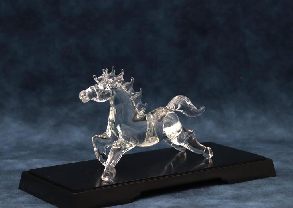 Glass Square Good Fortune Charm: Running Glass Horse (Small) - Symbolizing Vitality, Drive, and Energy To Enhance Success. Transparent with Display St