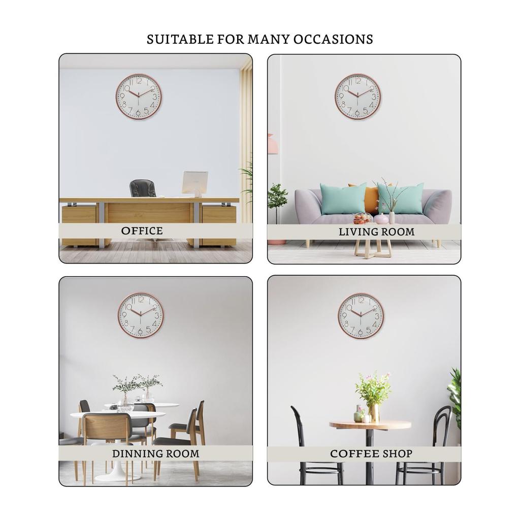 Embossed Metallic Analog Wall Clock, Silent Sweep, Numeric Time Indicator (12 Inches, Copper and White)