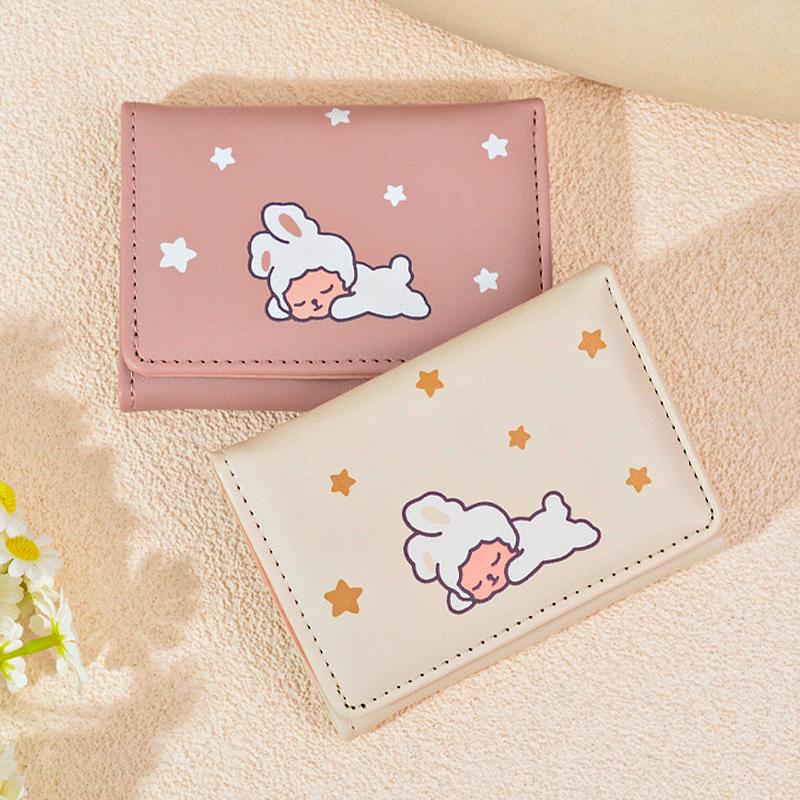 Cute Buckle Folding Wallet for Women Cartoon PU Leather Bank Card Holder Short Purse Birthday Gift for Girls Billfold