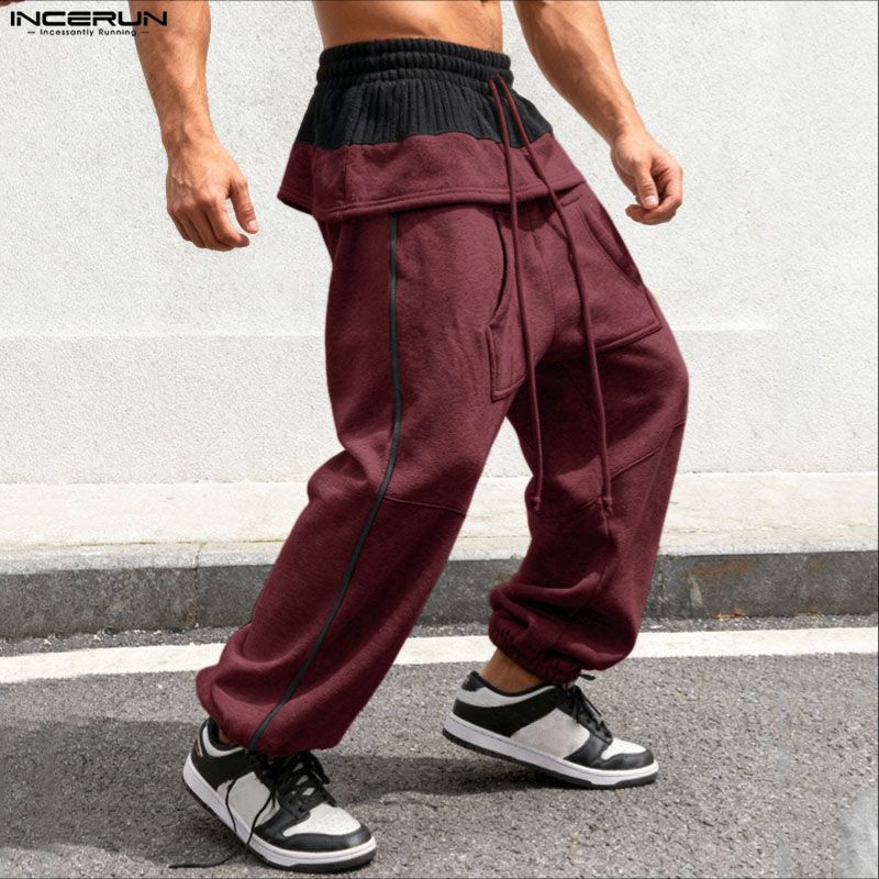 INCERUN Men Ruffled Elastic Waist Casual Long Sports Pants Trousers