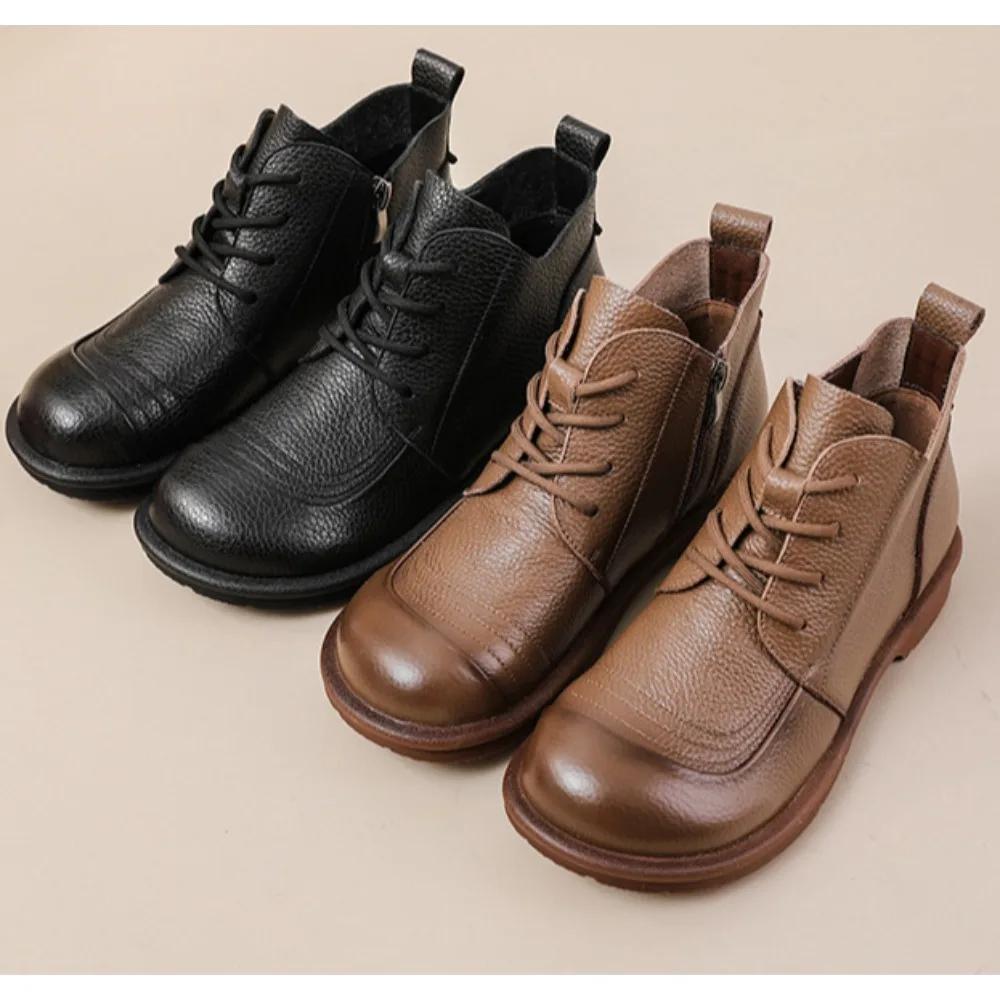 Women'S Boots  Autumn/Winter New Retro Single Boot Low Heel Short Boot British Style Genuine Leather Round Toe Womens Shoes