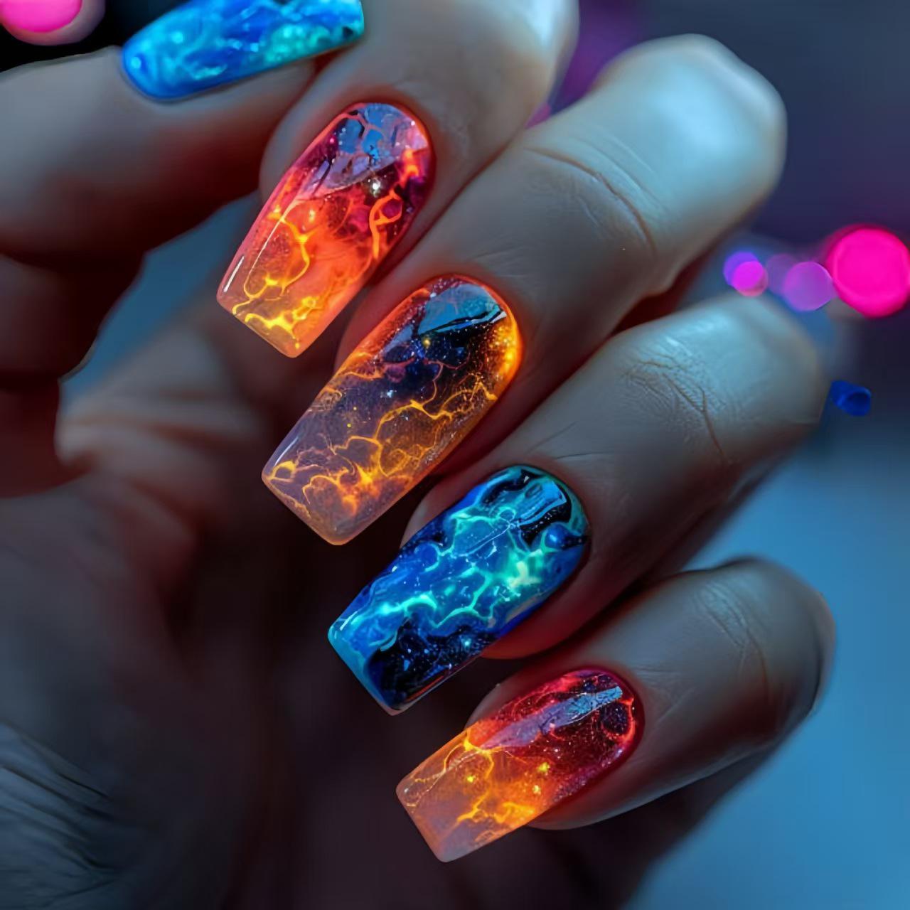 

Red & Blue Flame Gradient Square False Nails – 2 Piece Set No