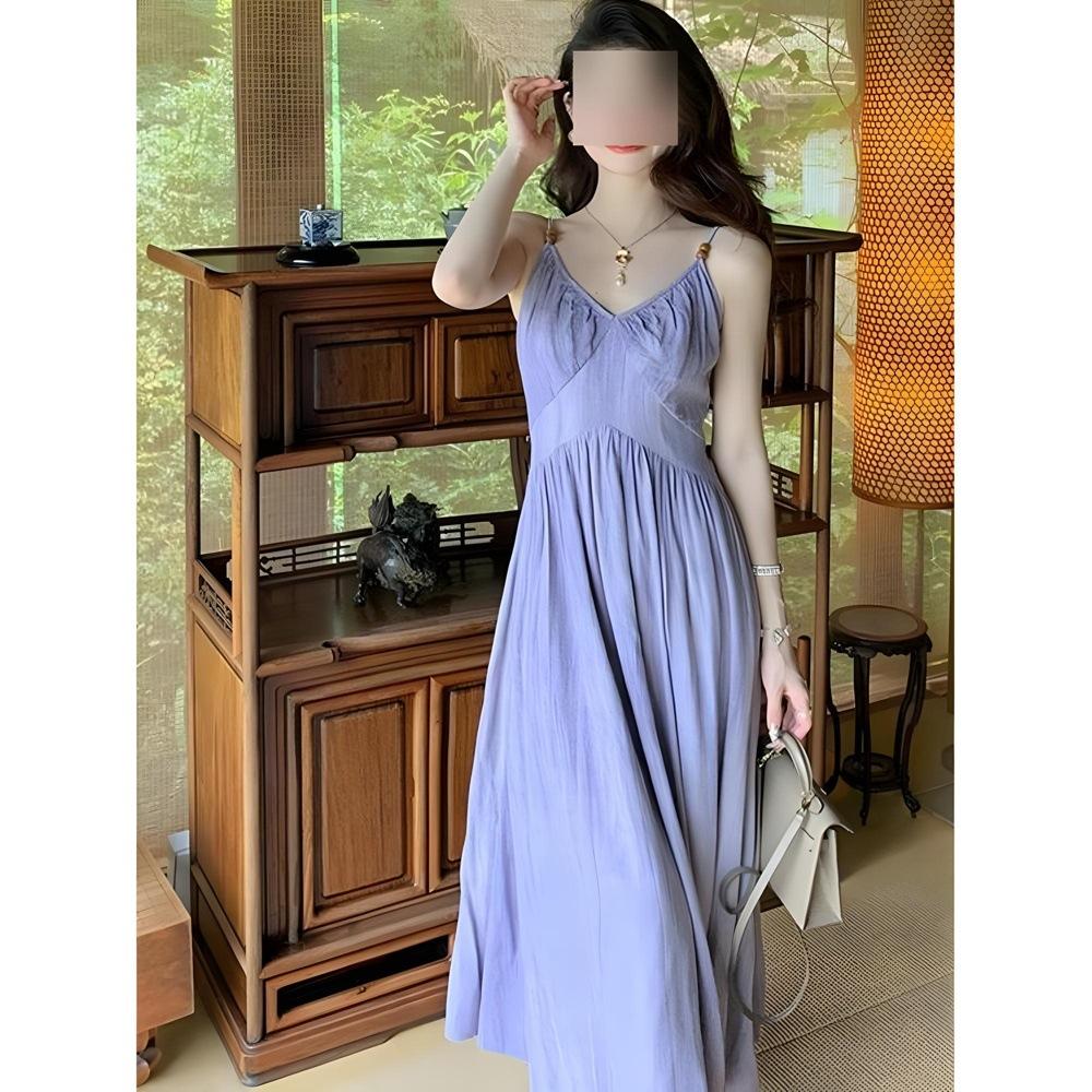 

Белое фиолетовое платье-комбинация женское летнее темпераментное с завышенной талией курортный стиль длинная юбка XL- (recommended 110-60kg)