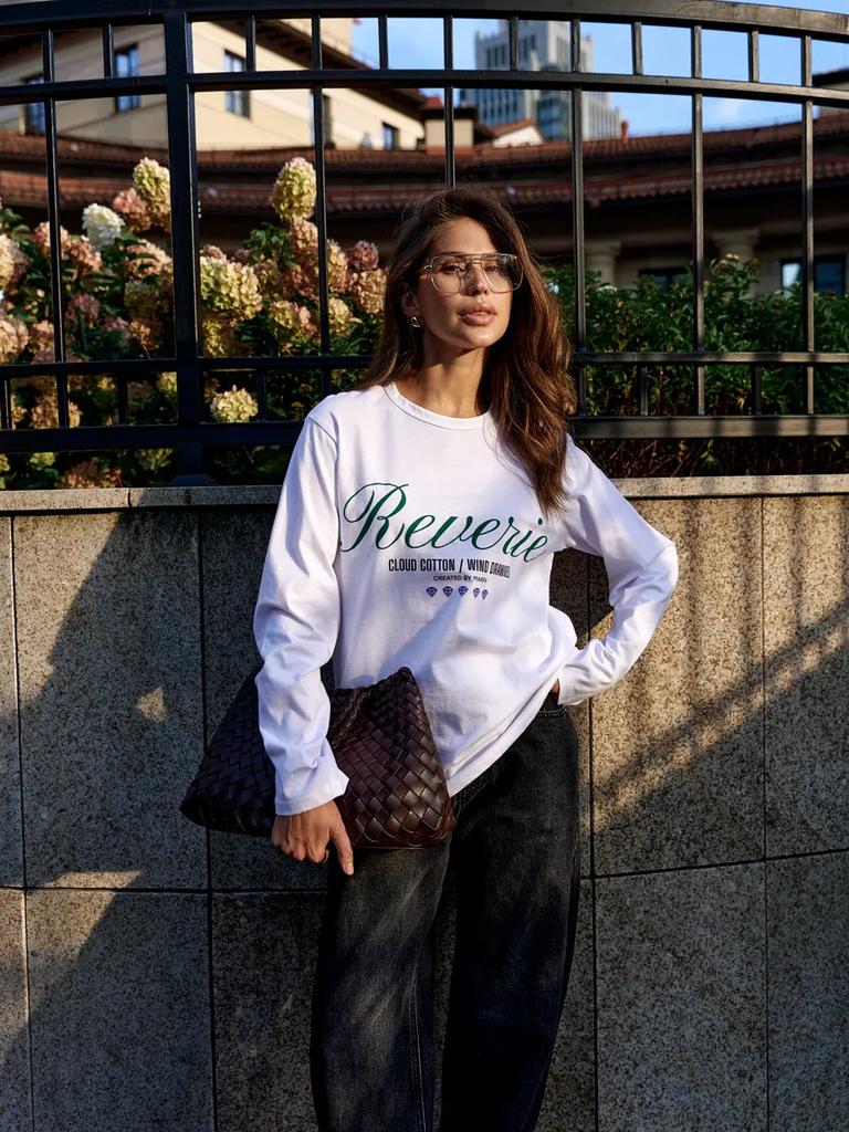 Personality trend versatile autumn new European and American style fashion popular Hong Kong style literary printing pure cotton women