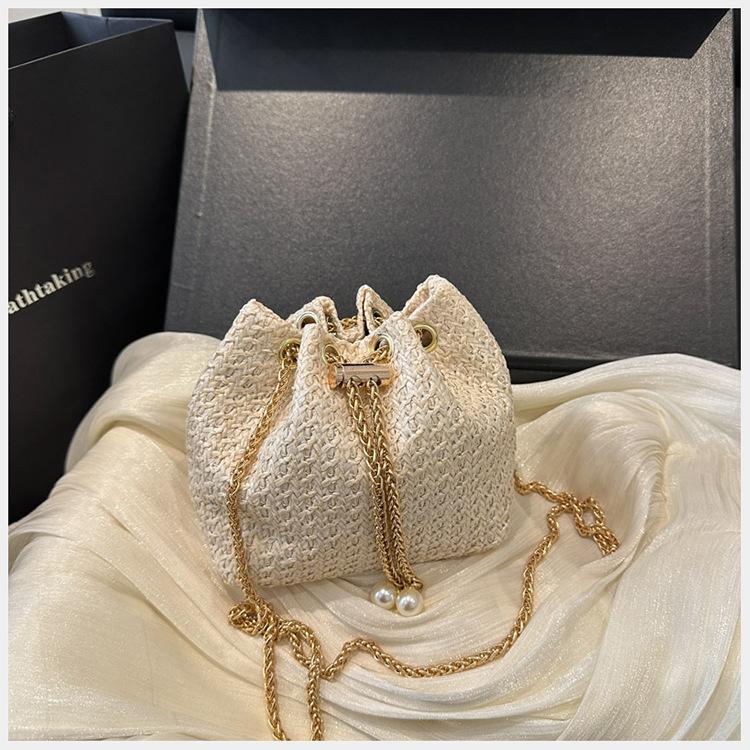 Straw Belt Chain New Summer Simple Solid Color Shoulder Crossbody Bucket Bag Women