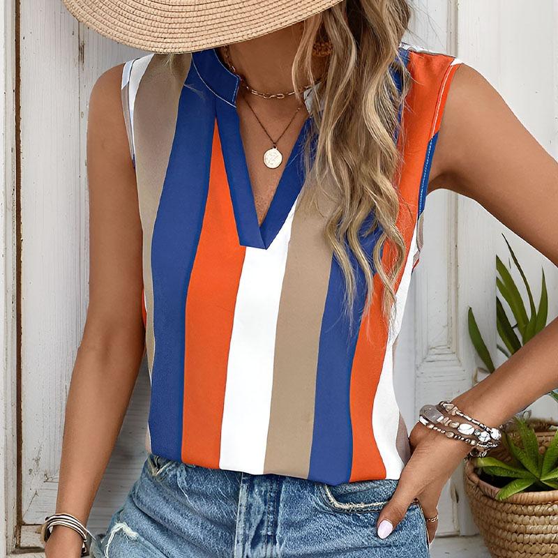 Summer Basic Shirt Top with Colorful Striped V-neck Shirt Blouses & Shirts