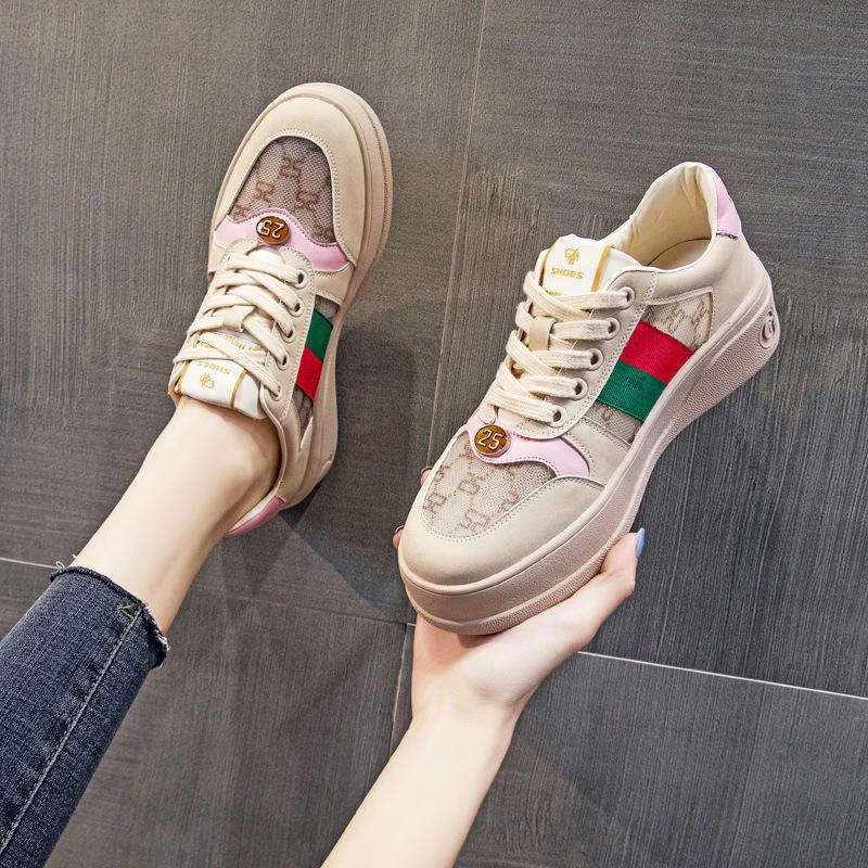 Leather mesh board shoes breathable women's single shoes 2025 spring and summer new thick-soled versatile sports and leisure shoes retro shoes