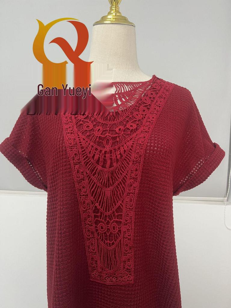 2024 Hollow Lace Splicing Plus Size Short Sleeve T-shirt for Women