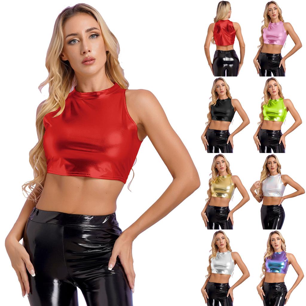 Womens Metallic Shiny Crop Tops Mock Neck Sleeveless Vest Stylish Slim Fitted Tank Top for Dance Nightclub Carnivals