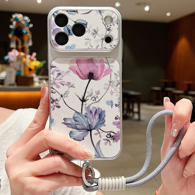 Floral Pattern Leather Lanyard Case For iPhone 18 Pro Max 17 16 15 14 13 Pro Max Luxury Hybrid TPU+PU Anti-skid Soft Phone Cover