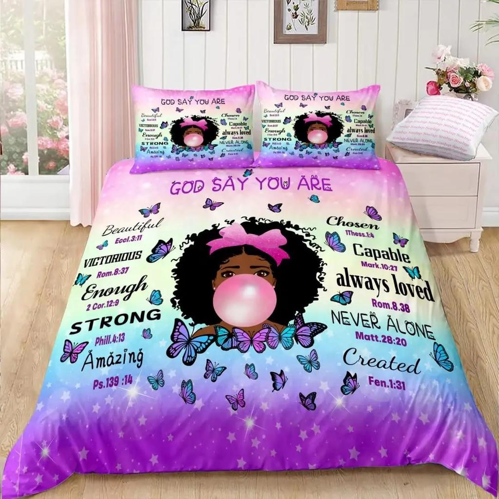 American Black Girl Duvet Cover SetBlack Girl Magic Bedding Set Full SizeCute Little Afro Black Princess Comforter Cover Sets