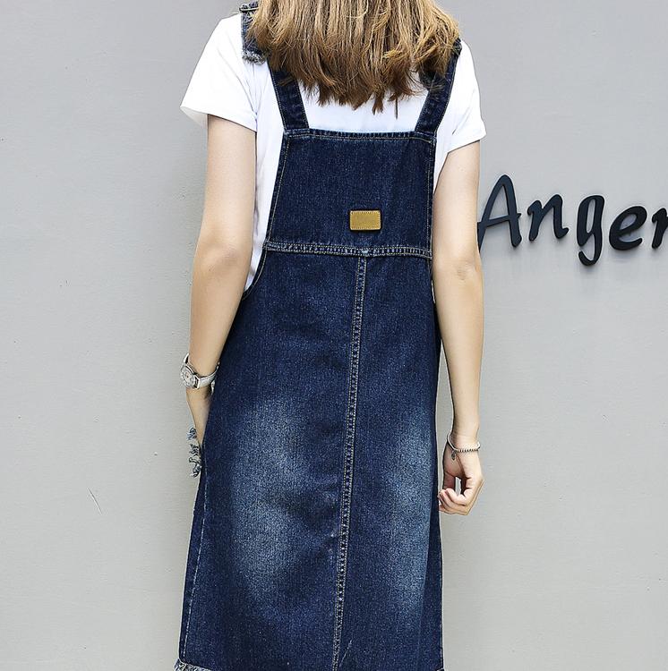 MengHu Women Summer Loose Dress Plus-Size Dress Medium Long Strap Dress Pocket Sleeveless Fashion Denim Dress M-5XL