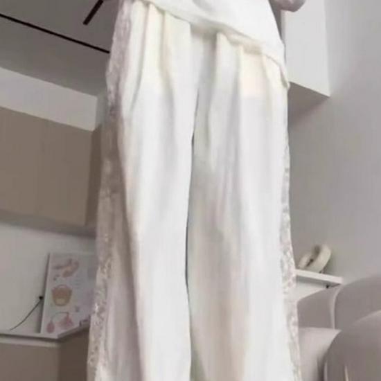 Korean Textured Cream Lace Openwork Pants - Women's Spring/Summer 2025 Petite Patchwork Casuals