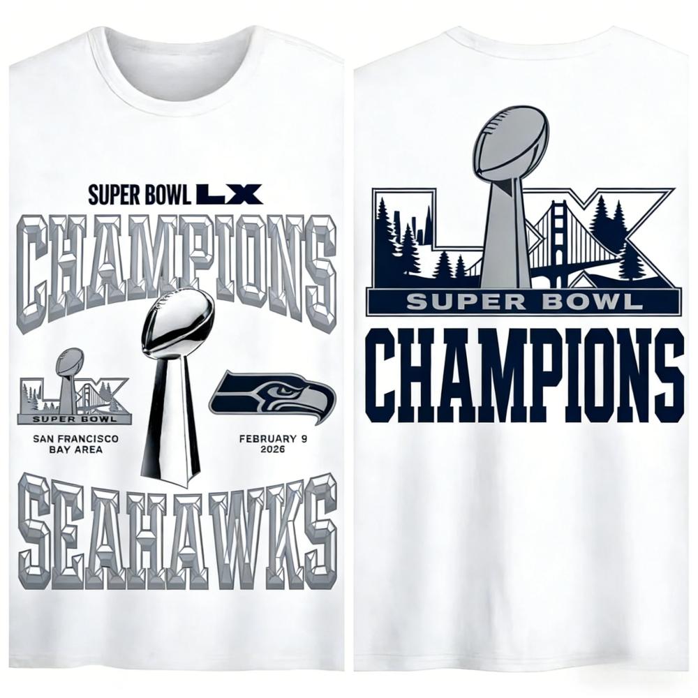 

Супербоул LX 2026 Чемпіонські футболки Seahawks на пам ять Унісекс Літні Нові Чоловічі Бавовняні Футболки з коротким рукавом Подарунок для фанатів M білий