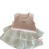Korean-Style 2024 Summer Girls' Knit Vest & Pleated Skirt-Pants Set