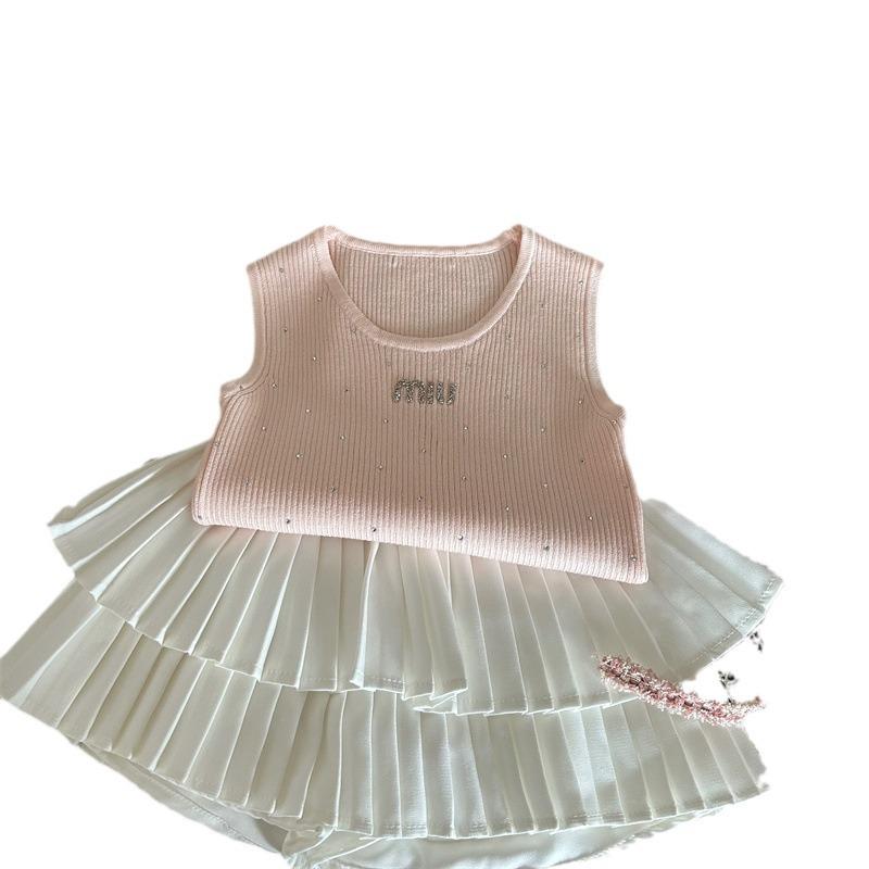 Korean-Style 2024 Summer Girls' Knit Vest & Pleated Skirt-Pants Set