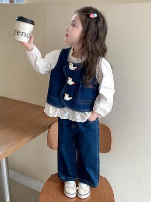 Girls' Stylish Lace Denim Vest Set - Spring/Autumn 2025