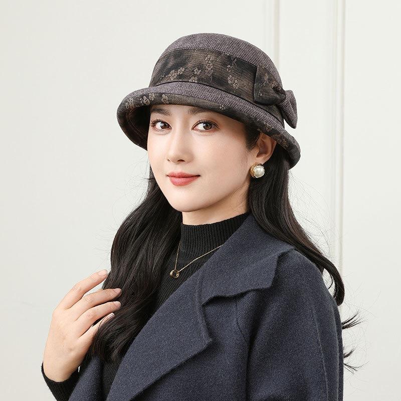 Hat lady autumn and winter thickened woolen basin hat temperament warm bucket hat bow hat