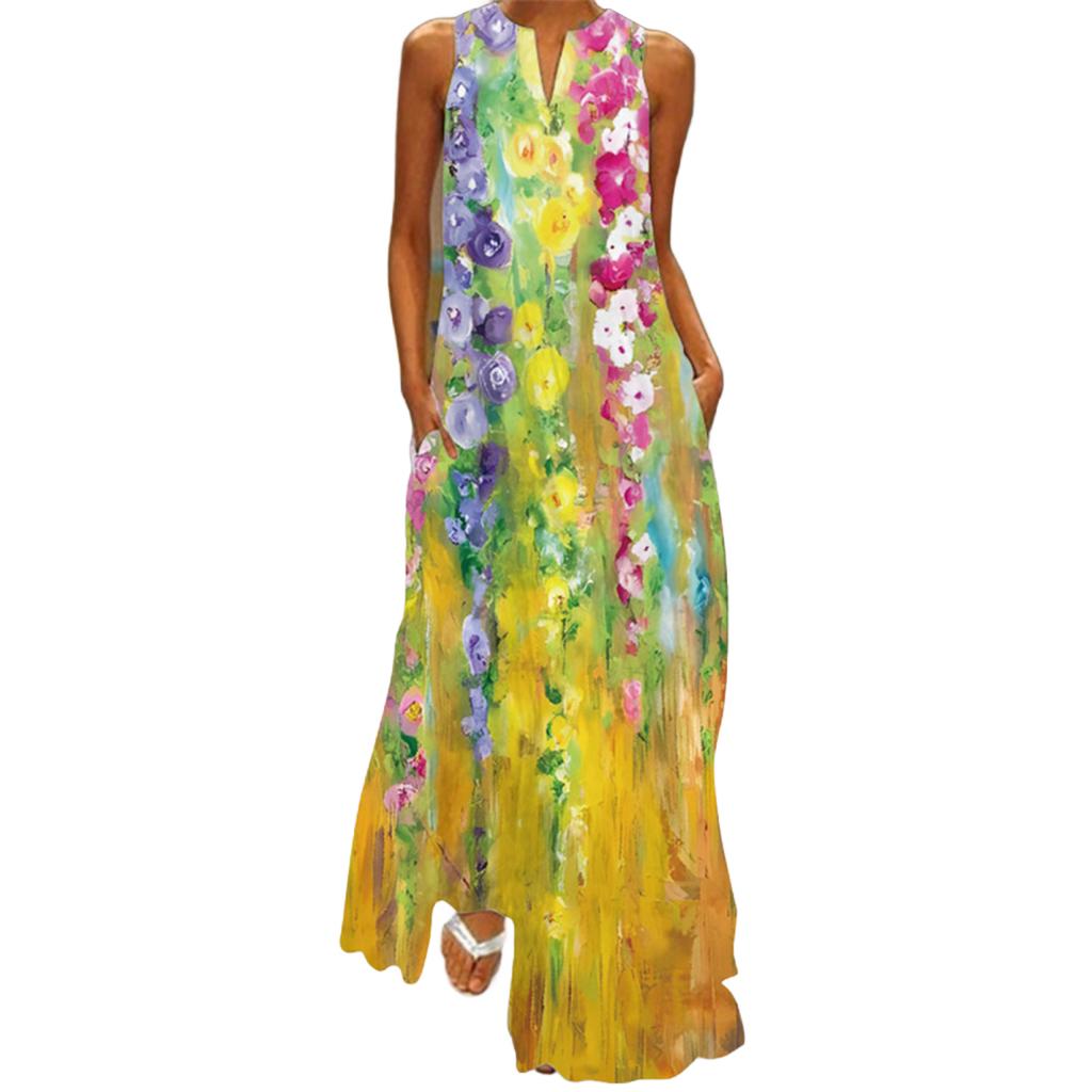 Yousheng Lady Maxi Dress with Pockets Flower Printing A-line V Neck Sleeveless Loose Full Length Dress for Vavation Beach Parties