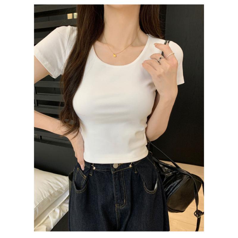 Quality U-neck front shoulder white short-sleeved T-shirt for women s summer new high-waisted bottoming shirt for women S