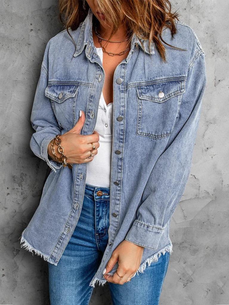 Women's Oversized Distressed Denim Jacket - Casual Long Sleeve Shirt for Spring 2025