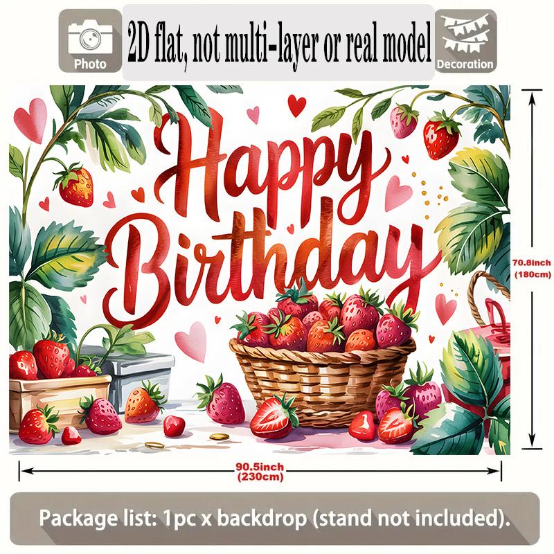 Happy Birthday Strawberry Theme, 1pc Polyester Party Backdrop Banner, Photo Booth Background, Wall Decor