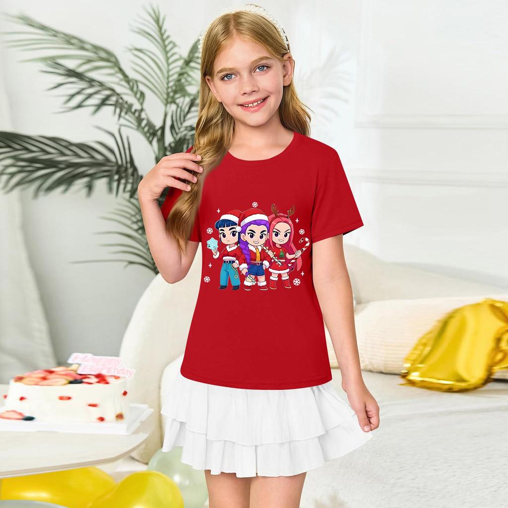 Girls' Round Neck Short Sleeves Christmas Witch  Group Print Casual Short Sleeves