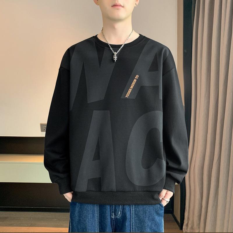 Herren Frühling und Herbst Neues Unterhemd Langarm T-Shirt Rundhalsausschnitt Bedruckt Übergröße Herren Top