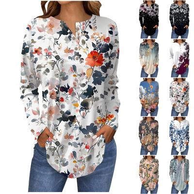 Fashion Loose Button Collar Floral Print Long Sleeve T-Shirt Top Pullover