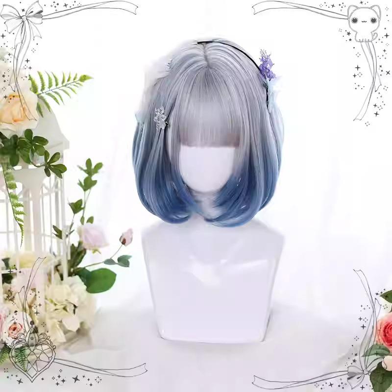 Straight Bob Lolita Short Cosplay Synthetic Hair Wigs Ombre Gray Blue Gradient Sweet Cute Wig for Women