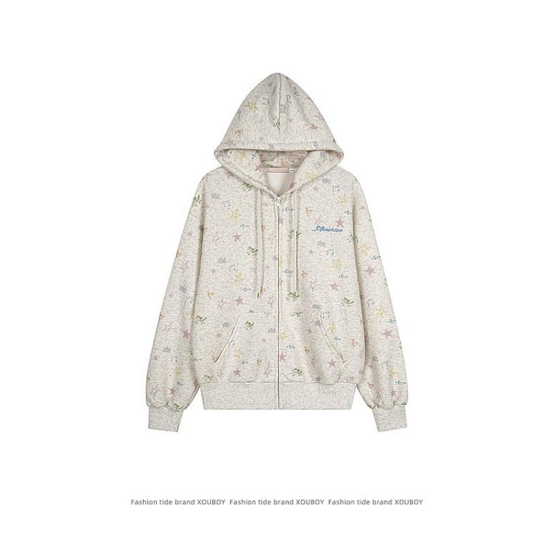 Oversized Floral Print Hooded Zip-Up Sweatshirt Unisex Loose Fit Casual Top