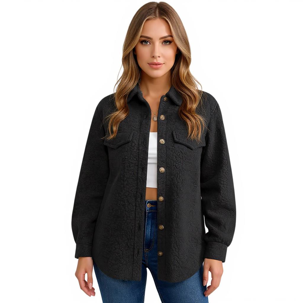 Women's Fashionable Solid Color Long Sleeved Lapel Button Coat Jacket