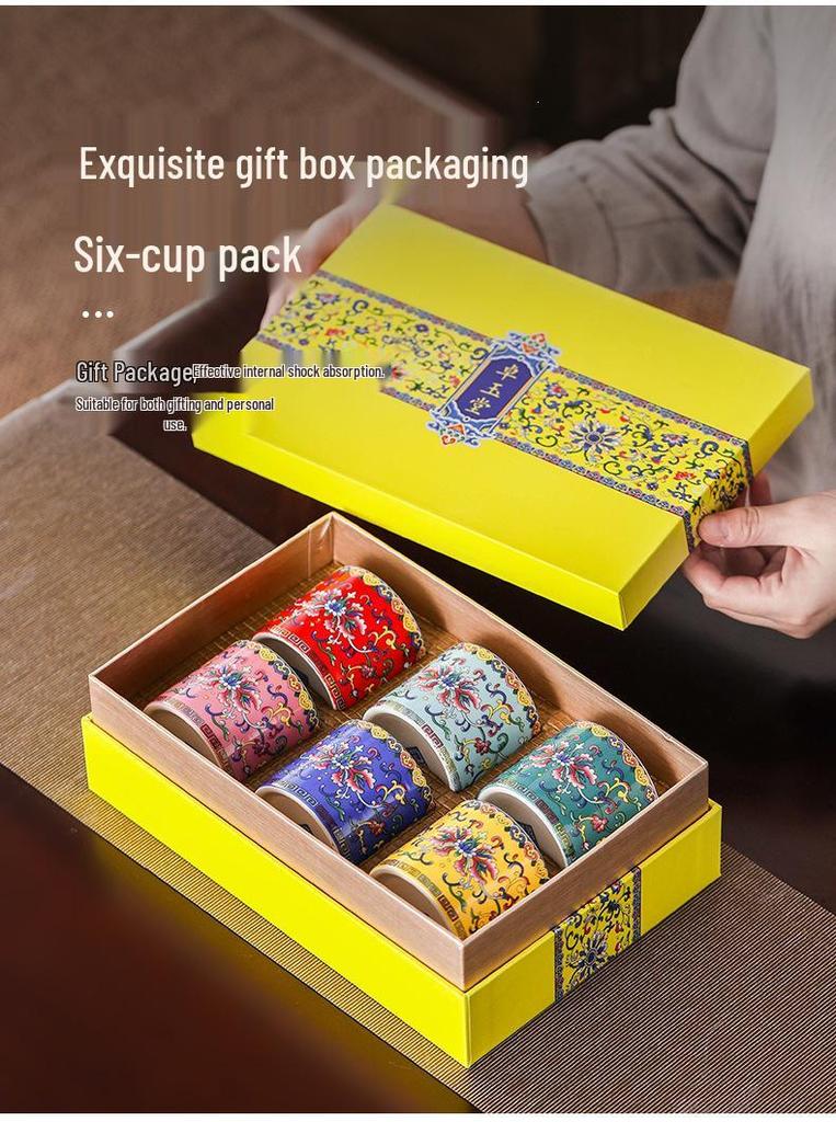 Elegant Hand-Painted Gilded Silver Teacup with Enamel, Gift Box & Bag