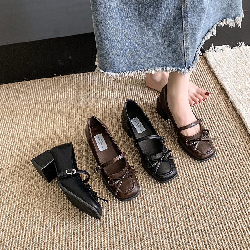 French Bow Thick Heel Mary Jane Shoes Women's 2025 Autumn New Temperament with Skirt Gentle Wind Light Mouth Single Shoes