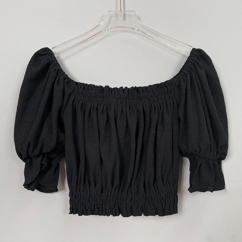 Korean Ruffled Off-Shoulder Puff Sleeve Lace Cropped Top