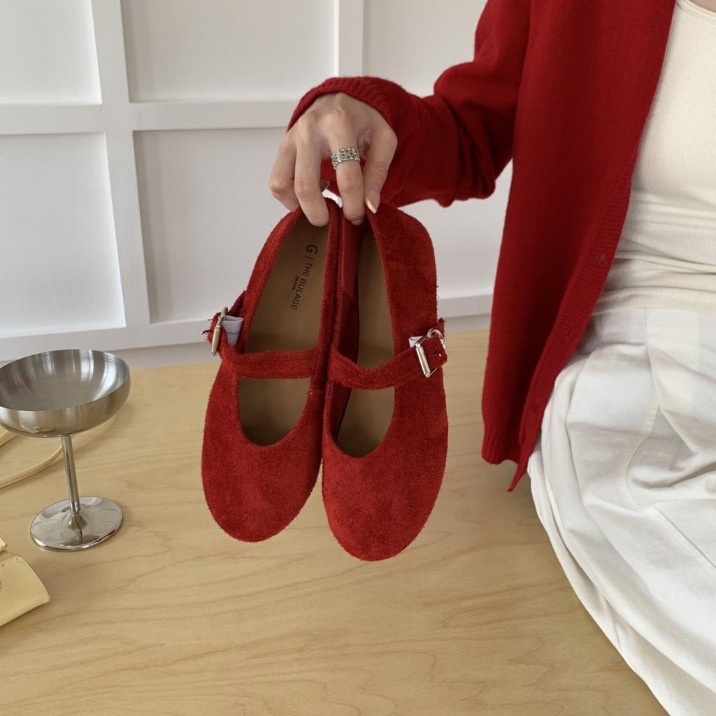 THEBULAGE Korean Version of Round Head Shallow Mouth Single Shoes 2025 Autumn One-word Buckle with Mary Jane Flat Shoes