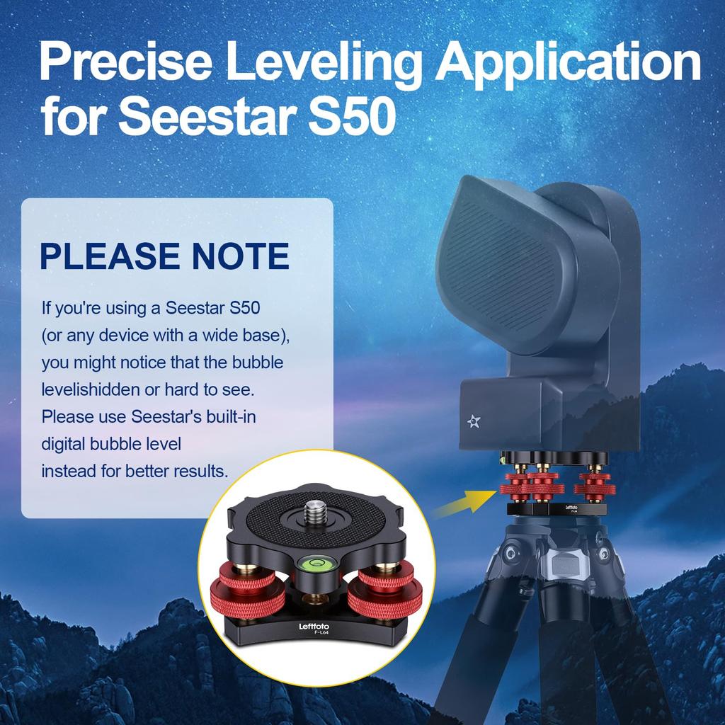 Leftfoto Tripod Leveler Base with /-5 Degree Precision Adjustment 3/8 Inch Screw Bubble Levels Aluminum Panoramic Leveling Head for Seestar S50