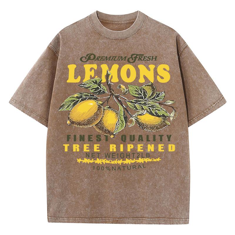 Premium Fresh Lemons Fruit Print Women Washed T-Shirts Y2K Comfortable Short Sleeve Loose All-Match T Shirt Cotton Hip Hop Top
