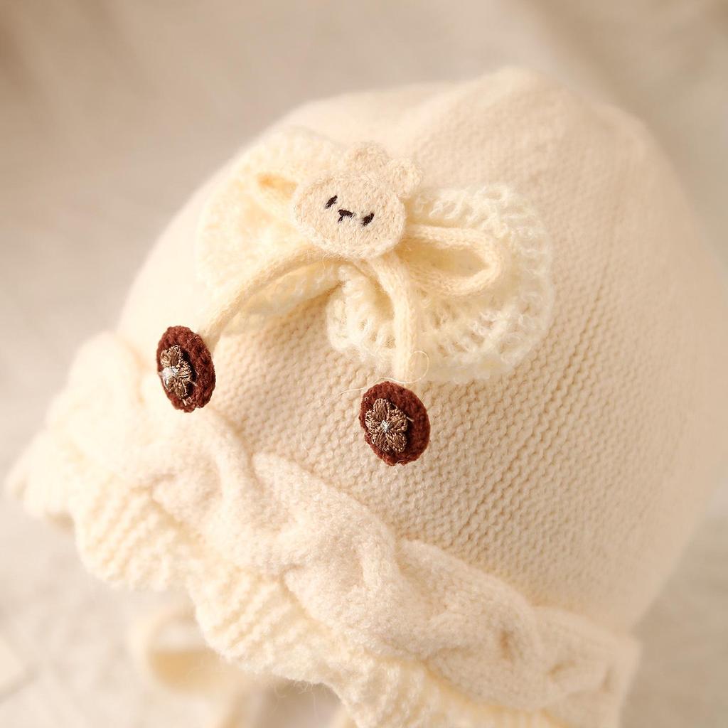 Jesienno-zimowa urocza dziergana wełniana czapka dla małych dziewczynek z ochroną uszu