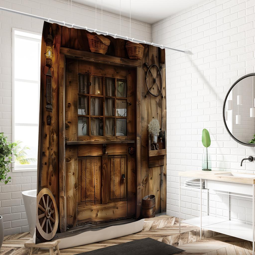 1PC Rural farmhouse shower curtain with retro wooden wheels, rustic style, waterproof, with 12 hooks, bathroom shower, home use