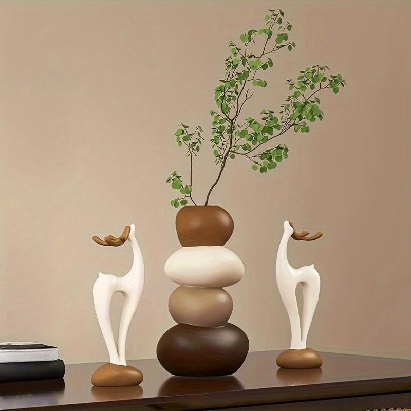 3pcs Creative Resin Stacked Stone Vase and Deer Collectible Figurine Set | Unique Christmas Gifts for Living Room, Bedroom, Office Desk, Bookshelf