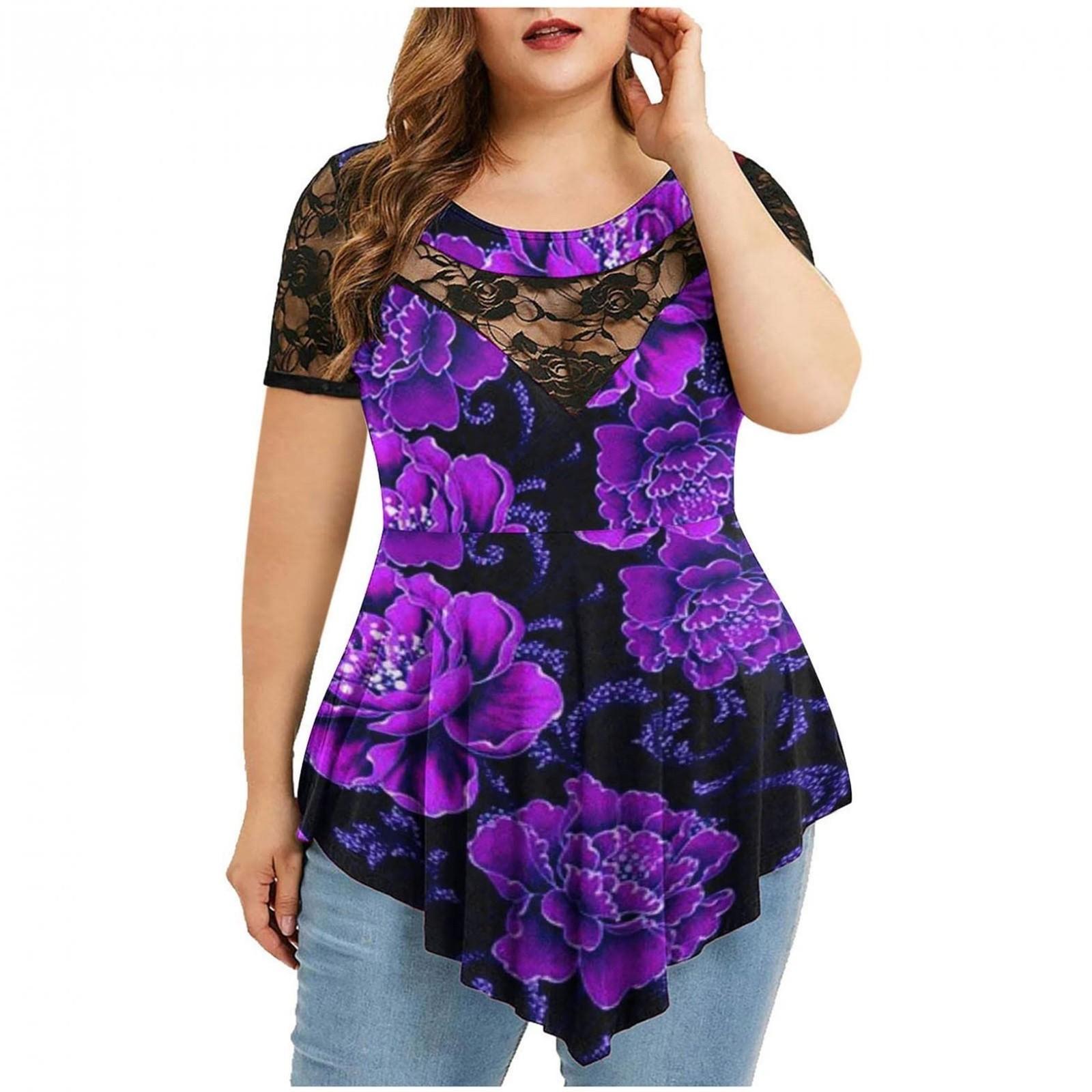 

Женская летняя повседневная свободная футболка больших размеров с круглым вырезом, женская сексуальная удобная футболка с короткими рукавами L фиолетовый