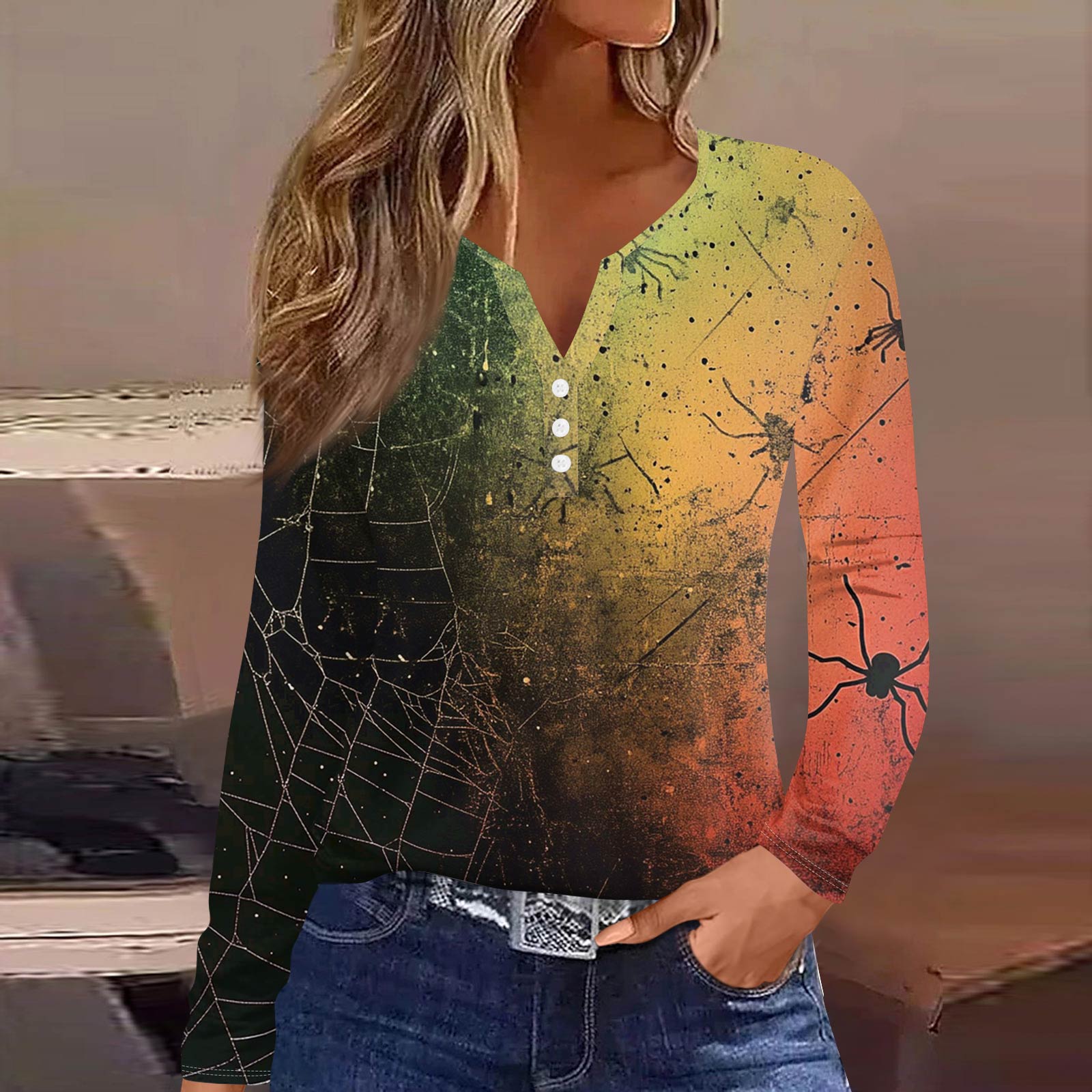 

Жен. Футболка Футболка на пуговицах с длинным рукавом Повседневные Выходные Мода Классический Топ с v-образным вырезом Обычный L