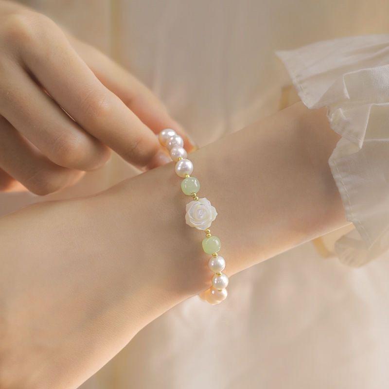 Rose Pearl Flower Beaded Bracelet - Summer Gift for Her