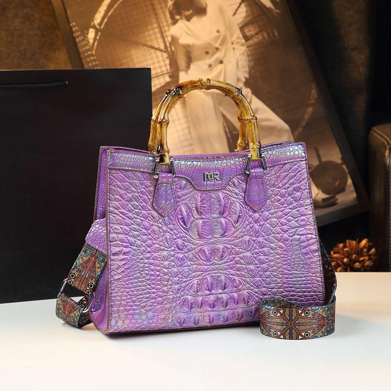 Crocodile Print Bag, High-end Style, Bamboo Joint Hand-held Tote Bag, Versatile Leather Women's Bag