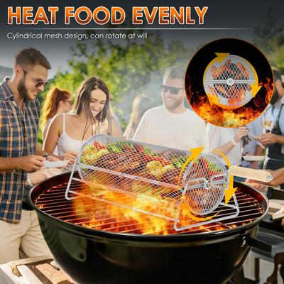 Rotatable Rolling Grill Basket 304 Stainless Steel BBQ Grilling Net Tube with Removable Wooden Handle BBQ Accessories Men's Gift